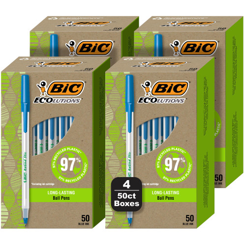 BIC Ecolutions Round Stic Ballpoint Pens, Medium Point (1.0mm), 200-Count Pack, Blue Ink Pens Made from 97% Recycled Plastic