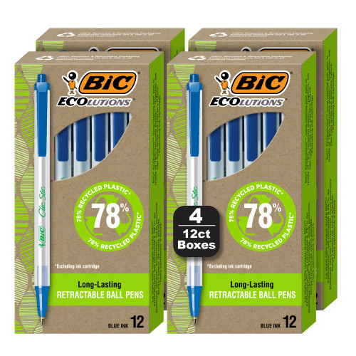 BIC Ecolutions Clic Stic Blue Ballpoint Pens, Medium Point (1.0mm), 48-Count Pack, Retractable Ball Point Pens Made from 78% Recycled Plastic