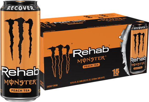 Monster Rehab Peach Tea + Energy, Energy Iced Tea, Energy Drink, 15.5 Ounce (Pack of 15)
