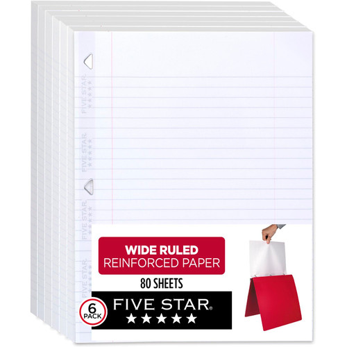 Five Star Loose Leaf Paper, 6 Pack, Notebook Paper, Wide Ruled Filler Paper, Reinforced, Fights Ink Bleed, 8 x 10.5, 80 Sheets per Pack (150025),White