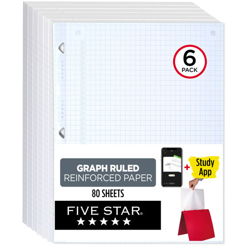 Five Star Loose Leaf Paper, 6 Pack, Notebook Paper, Graph Paper, Reinforced Filler Paper, Fights Ink Bleed, 8.5 x 11, 80 Sheets per Pack (170028) White