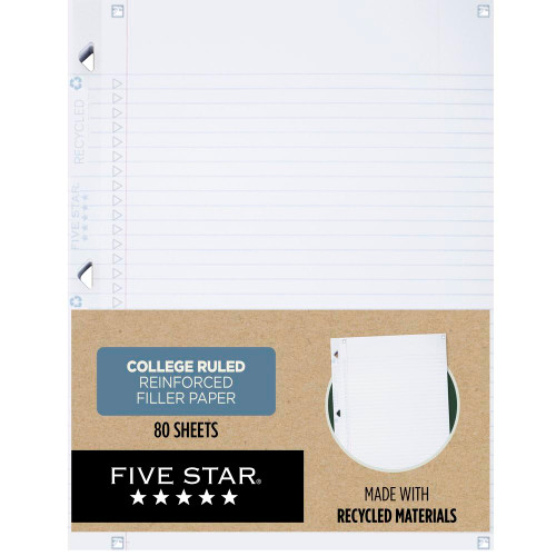 Five Star Loose Leaf Paper Plus Study App, Notebook Paper, College Ruled Filler Paper, Reinforced, Recycled, 8.5 x 11, 80 Sheets (170023),White