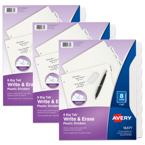 Avery Big Tab Write & Erase Durable Plastic Dividers for 3 Ring Binders, 8-Tab Sets, White, 3 Binder Divider Sets (01743)