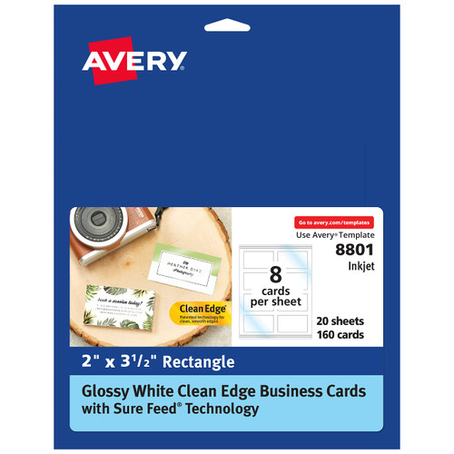 Avery Glossy Business Cards with Sure Feed Technology, 2" x 3.5", Glossy White, 160 Total, Clean Edge, Print-to-the-Edge, Inkjet Printable Cards (8801)