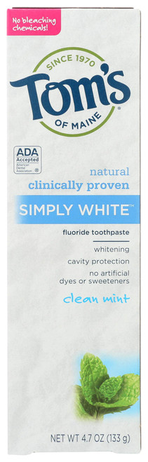 Frankel & Frankel Toms Of Maine Simply White Natural Flouride Toothpaste, Clean, Mint, 4.7 Oz