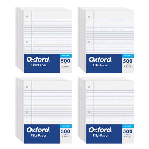 Oxford Filler Paper, 8" x 10-1/2", Wide Rule, 3-Hole Punched, 2,000 Sheets of Loose-Leaf Paper for 3 Ring Binders, 4 Packs of 500, White (62379)