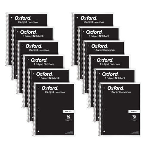 Oxford Spiral Notebook 12 Pack, 1 Subject, Wide Ruled Paper, 8 x 10-1/2 Inch, Black Covers, 70 Perforated Sheets (65216)