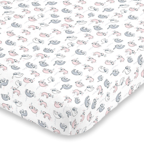 NoJo Super Soft Pink, Grey and White Sloth Fitted Crib Sheet NoJo Super Soft Pink, Grey and White Sloth Fitted Crib Sheet