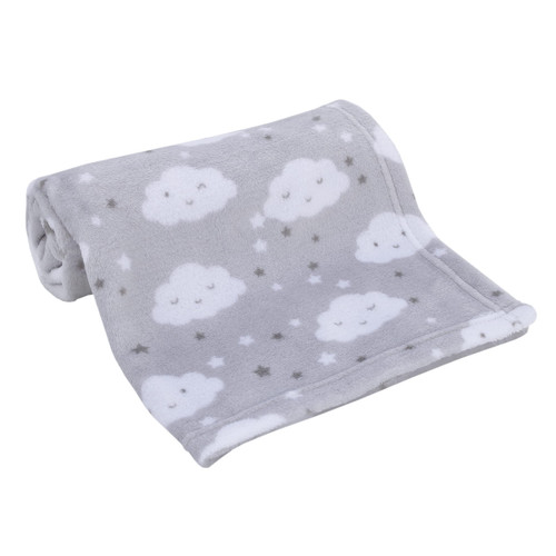 NoJo Super Soft Gray & White Clouds & Stars Plush Baby Blanket, Grey, White, Charcoal