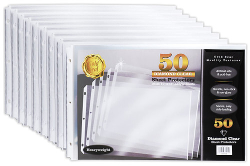 50 Pack 11x17 Inch Heavyweight Diamond Clear Sheet Protectors, Side Loading, Ledger Sheet Protectors, by Gold Seal, 3-Hole Punched