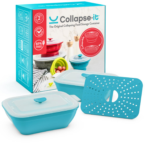 Collapse-it (2) 6-Cup Silicone Vegetable Steamers - Collapsible Microwave Safe Cookware Great for Cooking Vegetables - Compact Kitchen Veggie Steamer - Microwaveable Food Containers (Blue)