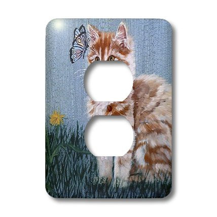 3dRose LSP_44380_6"Orange and White Striped Tabby Kitten Staring at Butterfly with Blue Crackled Background-2 Plug Outlet Cover