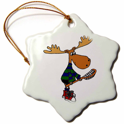 3dRose Funny Moose with Lacrosse Stick Art - Snowflake Ornament, Porcelain, 3-Inch (ORN_224760_1)