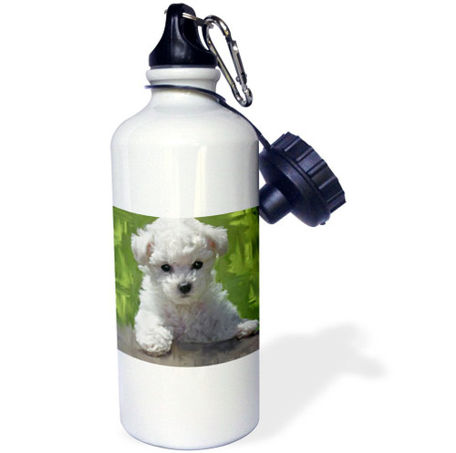3dRose "Bichon Frise Puppy" Sports Water Bottle, 21 oz, White