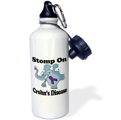 3dRose "Elephant Stomp On Crohns Disease Purple Awareness Ribbon Cause Design" Sports Water Bottle, 21 oz, White