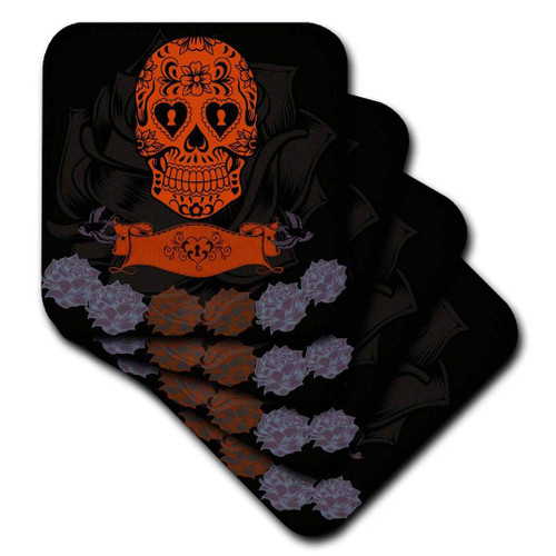 3D Rose Day of The Dead Cool Design Orange-Black and Grey Soft Coasters, Multi-Colour