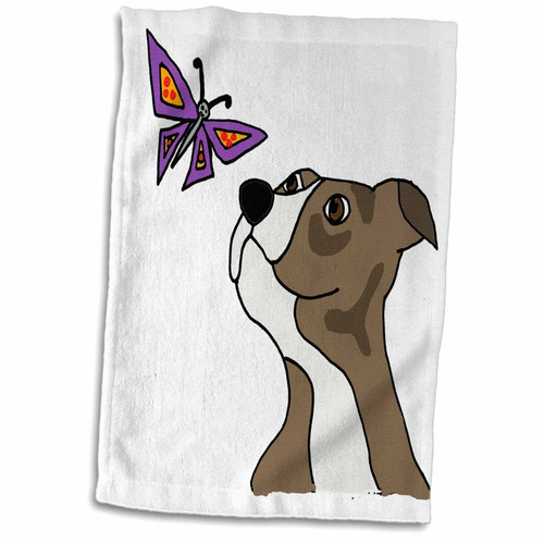 3D Rose Funny Grey Pit Bull Puppy Dog & Butterfly Cartoon Hand Towel, 15" x 22", White