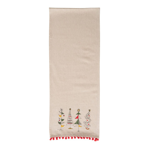 Creative Co-Op Cotton Printed Table Runner with Christmas Trees and Red Pom Pom Trim, Multicolor