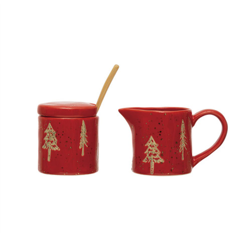 Creative Co-Op Hand-Stamped Stoneware Creamer and Sugar Pot with Wood Spoon, Tree Pattern and Gold Electroplating, Red