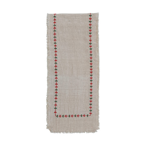 Creative Co-Op 72' L x 14' W Cotton Slub Table Runner w/Embroidery, Cream Color, Red & Green