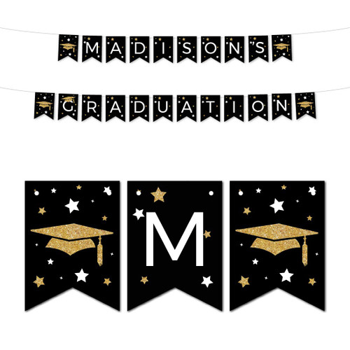 Andaz Press Black and Gold Glittering Graduation Party Collection, Personalized Hanging Pennant Party Banner with String, Madison's Graduation, 5-Feet, 1 Set, Custom Name