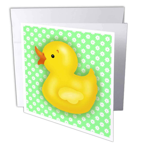 3dRose Russ Billington Nursery Designs - Yellow Bath Duck over Green and White Floral Pattern - 12 Greeting Cards with envelopes (gc_237143_2)