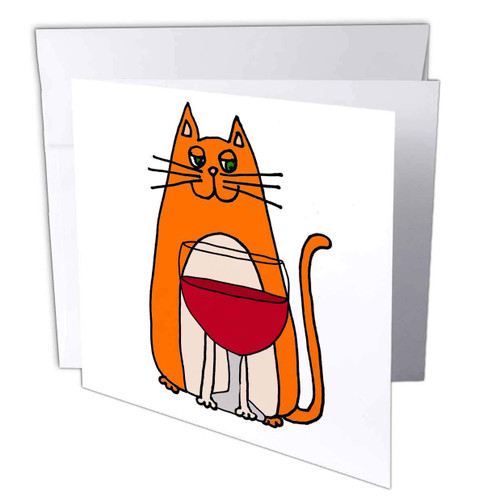 3dRose All Smiles Art Pets - Cool Funny Orange Cat Drinking Red Wine Cartoon - 1 Greeting Card with envelope (gc_263848_5)