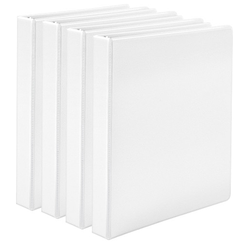 Amazon Basics 3 Ring Binder with 1 Inch D-Ring and Clear Overlay, White, Pack of 4