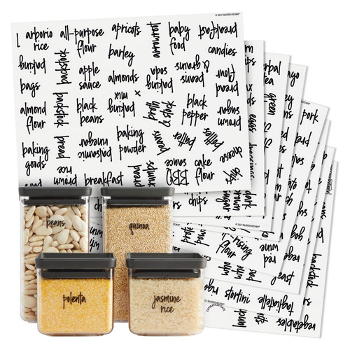 Talented Kitchen 375 Clear Kitchen Labels for Organizing Storage Canisters and Jars, Pantry Labels for Containers Preprinted, Black Script + Numbers +Date Stickers (Water Resistant)