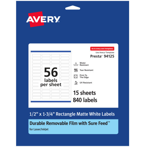 Avery Durable ID Labels with Sure Feed, 1/2" x 1-3/4", 840 White Labels, Print-to-The-Edge, Removable Label Adhesive, Laser/Inkjet Printable Labels