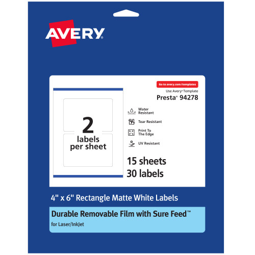 Avery Durable ID Labels with Sure Feed, 4" x 6", 30 White Labels, Print-to-The-Edge, Removable Label Adhesive, Laser/Inkjet Printable Labels