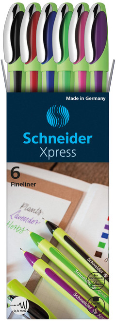 Schneider Xpress Premium Fineliner, 0.8 mm Porous Point, Light Green Barrel, Assorted Ink Colors, Wallet of 6 Pens: Black, Red, Blue, Green, Violet, Pink (190086)