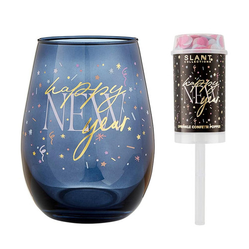 Slant Collections New Year's Eve Party Gift Set Stemless Wine Glass & Push-Pop Confetti Popper, 2-Pieces, Happy New Year