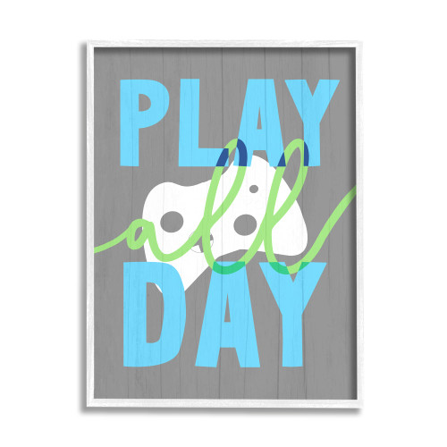 Stupell Industries Play All Day Phrase Rustic Video Game Controller, Designed by Daphne Polselli White Framed Wall Art, 16 x 20