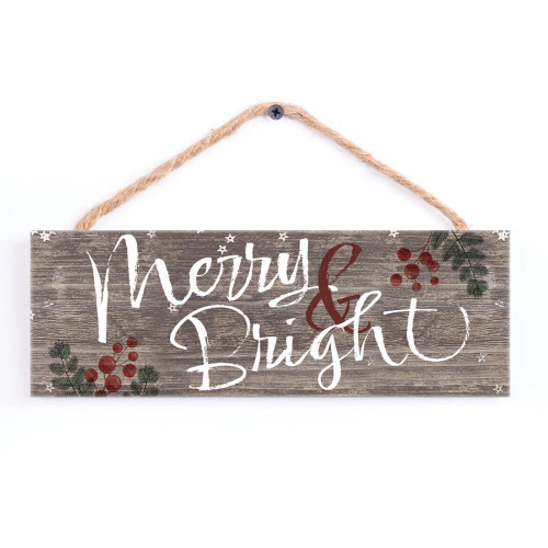P. Graham Dunn Merry and Bright Grey 10 x 3.5 Pine Wood Christmas String Sign