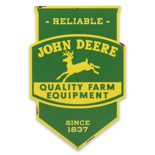 John Deere Quality Farm Equipment Shield Metal Sign - Die Cut John Deere Sign for Garage or Man Cave John Deere Quality Farm Equipment Shield Metal Sign - Die Cut John Deere Sign for Garage or Man Cave