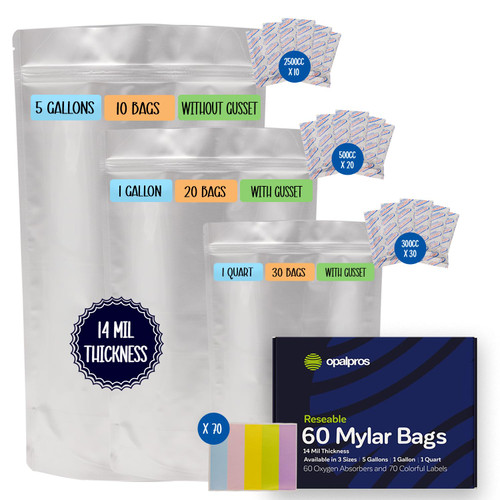 Opalpros 60 pcs 14 Mil mylar bags for food storage with oxygen absorbers - Quart (30), 1 Gallon (20), 5 Gallon (10) with 300cc, 500cc & 2500cc Oxygen Absorbers, Resealable Mylar Bags + Colorful labels Opalpros 60 pcs 14 Mil mylar bags for food storage with oxygen absorbers - Quart (30), 1 Gallon (20), 5 Gallon (10) with 300cc, 500cc & 2500cc Oxygen Absorbers, Resealable Mylar Bags + Colorful labels