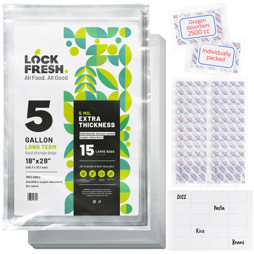 15-Pack 5 Gallon Mylar Bags with Oxygen Absorbers - 5 Mil (10 Mil Total), Never Folded - Mylar Bags for Food Storage - 20 Individually Vacuum-Sealed 2,500cc Oxygen Absorbers & Labels 15-Pack 5 Gallon Mylar Bags with Oxygen Absorbers - 5 Mil (10 Mil Total), Never Folded - Mylar Bags for Food Storage - 20 Individually Vacuum-Sealed 2,500cc Oxygen Absorbers & Labels