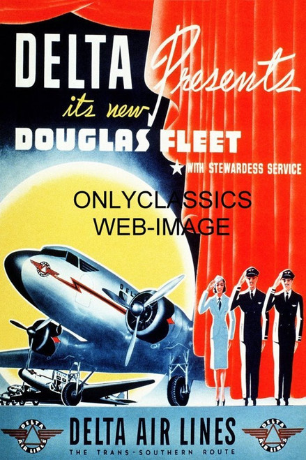 OnlyClassics '40 DOUGLAS DC-3 DELTA AIRLINES 12X18 TRAVEL POSTER AIRPLANE AVIATION STEWARDESS