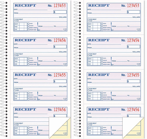Money/Rent Receipt Book, 2-Part, Carbonless, 11 x 5.25 Inches, 4 Receipts/Page, 200 Sets per Book (4161), White Pack of 2