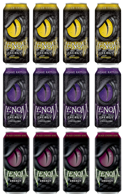 LUV-BOX Variety VENOM ENERGY DRINK pack , pack of 12 , 16 fl oz ,KILLER TAIPAN ENERGY DRINK , MOJAVE RATTLER ENERGY DRINK , BLACK CHERRY KIWI ENERGY DRINK