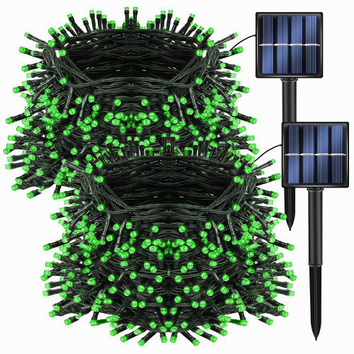 Dazzle Bright 2 Pack 200 LED 66 FT Green Christmas Solar String Outdoor Lights, St. Patrick's Day Solar Powered with 8 Modes Waterproof Fairy Lights for Patio Garden Tree Party Yard Decoration