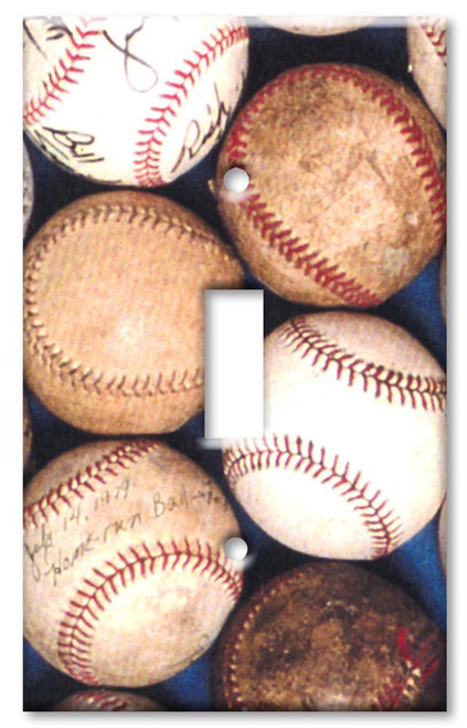 Art Plates - Single Gang Toggle Decorative Metal Wall Plate - Sports: Old Baseballs - (Made in USA)