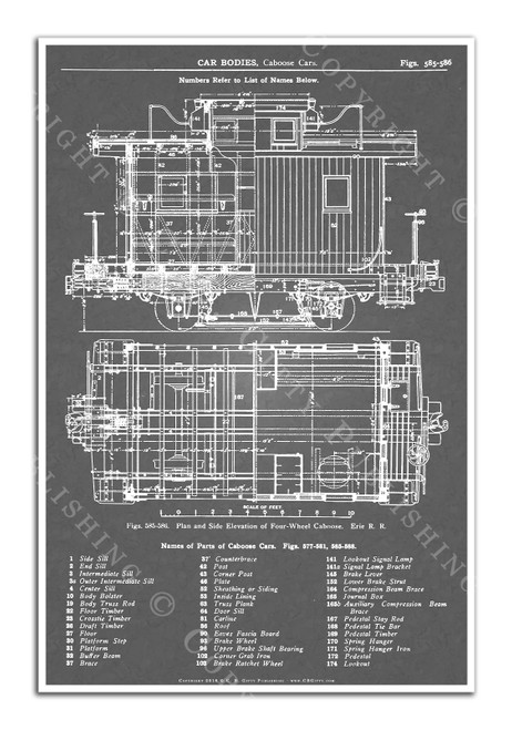 C. B. Gitty 1909 Erie Railroad 4-Wheel Train Caboose Blueprint Poster (Gray)