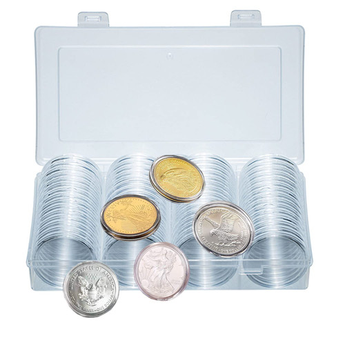 XYZsundy 40.6mm Silver Dollar Coin Holder,Silver Eagles Coin Capsules for Collectors with Clear Plastic Storage Organizer Box for Coin Collection Supplies (60)