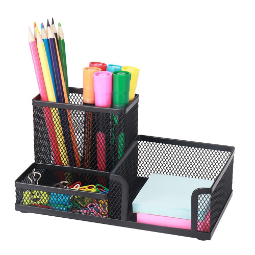 Mesh Pen Holder for Desk Pencil Holders Desk Organizer Office Supplies Caddy with Sticky Notes Holder for Office School Home 3 Compartments Black