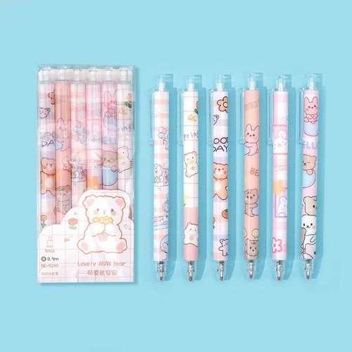 Houchu 6 Pcs Cute Cartoon Gel Pens 0.5mm Premium Gel Ink Pen Fine Point Pens Ballpoint Pen For Office School Stationery(E)