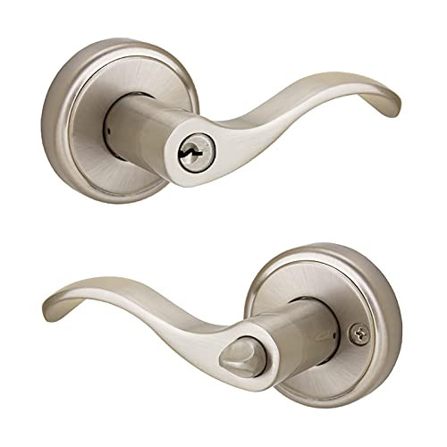 Hampton Entry Lever Set by FPL Door Locks for Right Hand Exterior Entrance or Patio Doors in Satin Nickel Finish