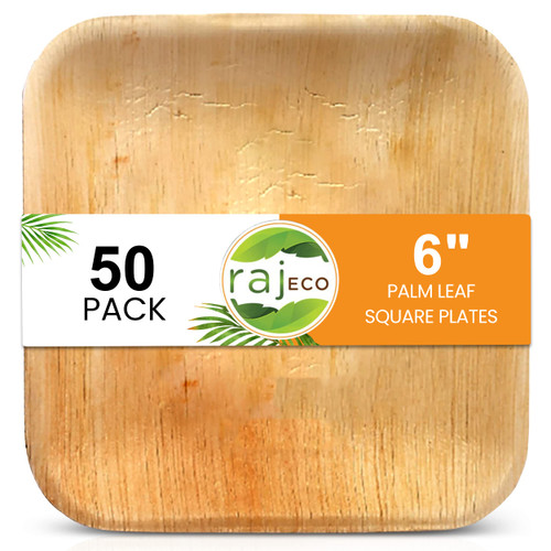 Raj Eco Compostable Palm Leaf Plates Like Bamboo Plates Disposable - 6 Inch Square 50 Party Plates, Natural Wooden, Eco-Friendly, Fancy Biodegradable & Disposable Dessert Appetizer Plates