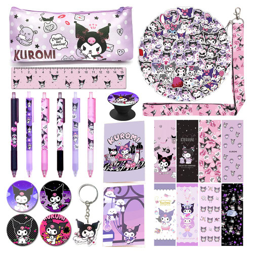 KUROMI School Supplies Gift Set, Including Notebook Pencil Case Pens Stickers Button Pins Lanyard Keychain Ruler Bookmarks Phone Ring Holder